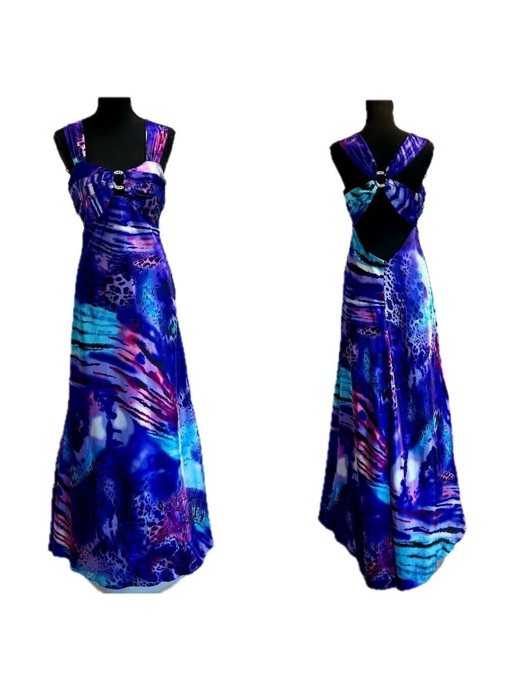Jolie purple blue leopard animal print sweetheart mermaid open back gown dress